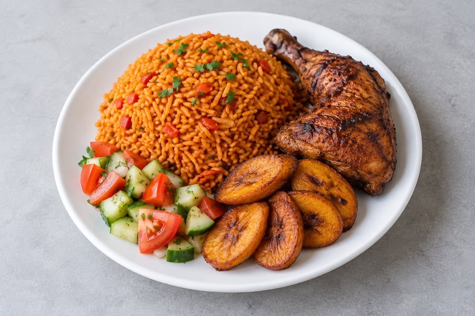 Ghanaian jollof rice, grilled chicken, plantain and salad